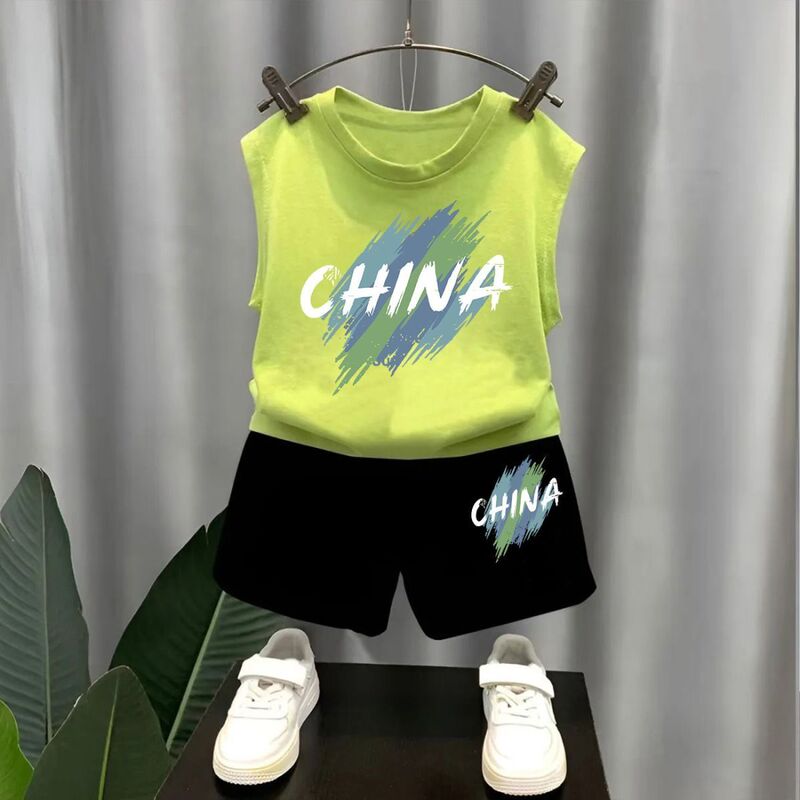 Boys' Pure Cotton Sleeveless Vest Set for Outerwear, Summer Thin Style, Trendy Street Style, Big Kids' Shorts Two-Piece Set, Chinese Style