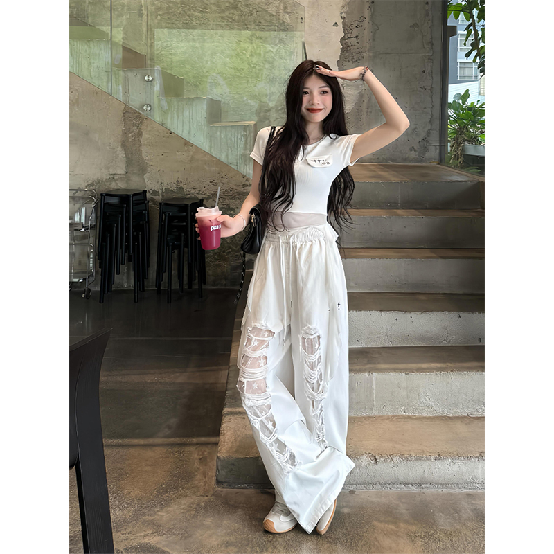 American-Style Trendy Ripped Patchwork Lace Scimitar Jeans for Women, New Summer Dance Jazz Pants, Casual Workwear Long Pants