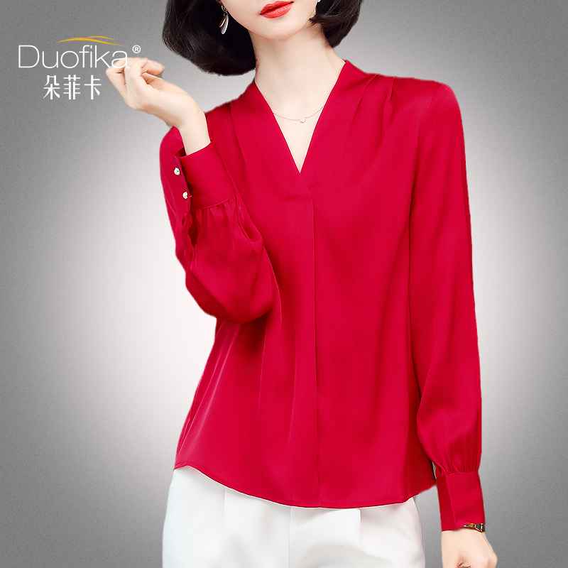 High-End Brand V-Neck Red Silk Shirt for Women, Long-Sleeved, 2026 Spring New Style, Noble Lady Mother's Mulberry Silk Top