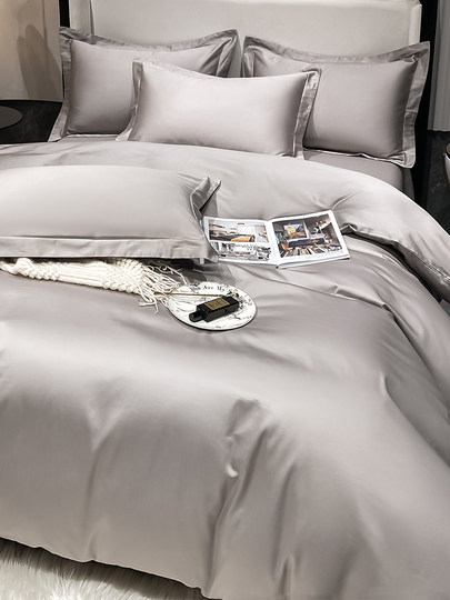 Light luxury high-end long velvet cotton pure cotton bed four-piece set 100 all-cotton men's simple solid color quilt cover bed sheet high-end