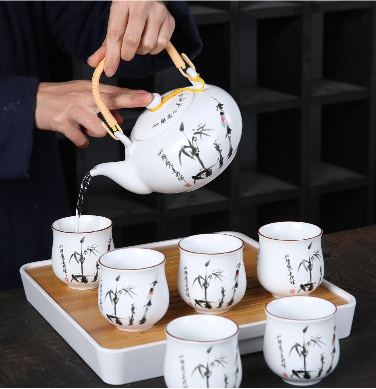 Jingdezhen ceramic Kung Fu tea set, home handle teapot and tea cup complete set, simple gift box with a tray included pic 31