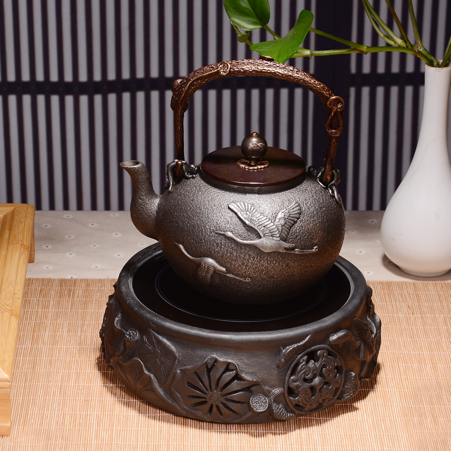 Cast Iron Black Crystal Furnace Home Burning Water Tea Oven Light Wave Furnace Iron Copper Silver Pot Lotus Black Crystal Furnace Infrared Super Muted