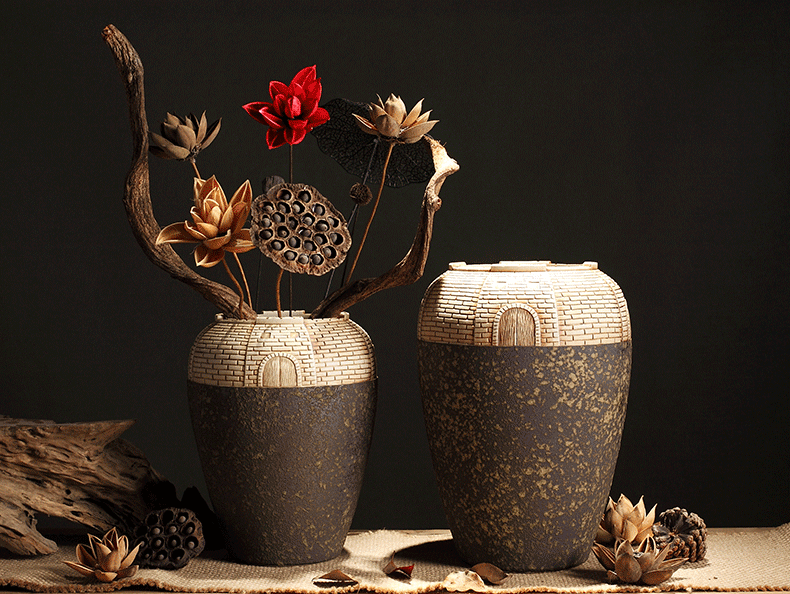 New Chinese style ceramic vase zen furnishing articles hand - carved retro coarse pottery table sitting room adornment flowers of a home stay facility