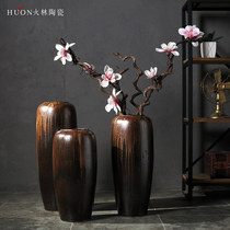Jingdezhen ceramic floor vase living room porch Villa Chinese Zen retro dried flower arrangement pottery pot ornaments