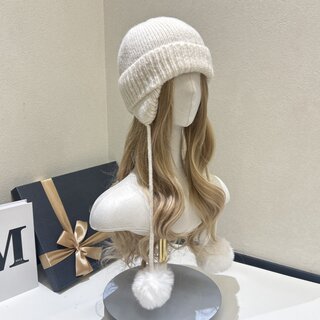 Korean Style Pom-Pom Knitted Wool Hat for Women, Thickened, Warm, Cute, Cold-Proof, Ear-Protecting Hat, Fluffy Lei Feng Hat, Winter Hat