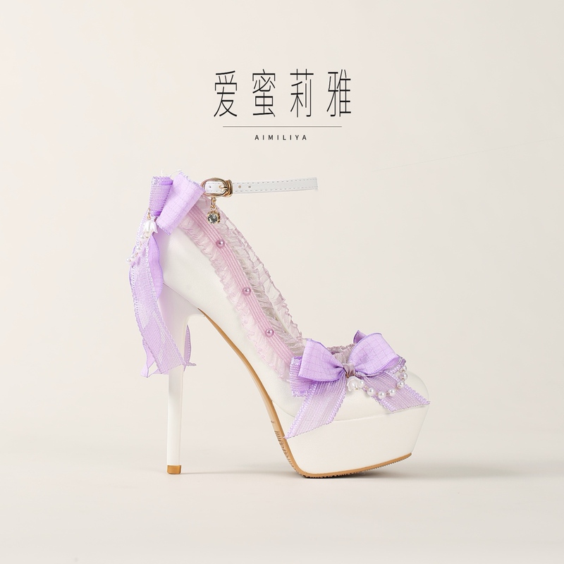 Princess-Style Purple Bow Pearl High-Heeled Shoes for Girls, Lolita Style Shallow Mouth Stiletto Heels 14cm
