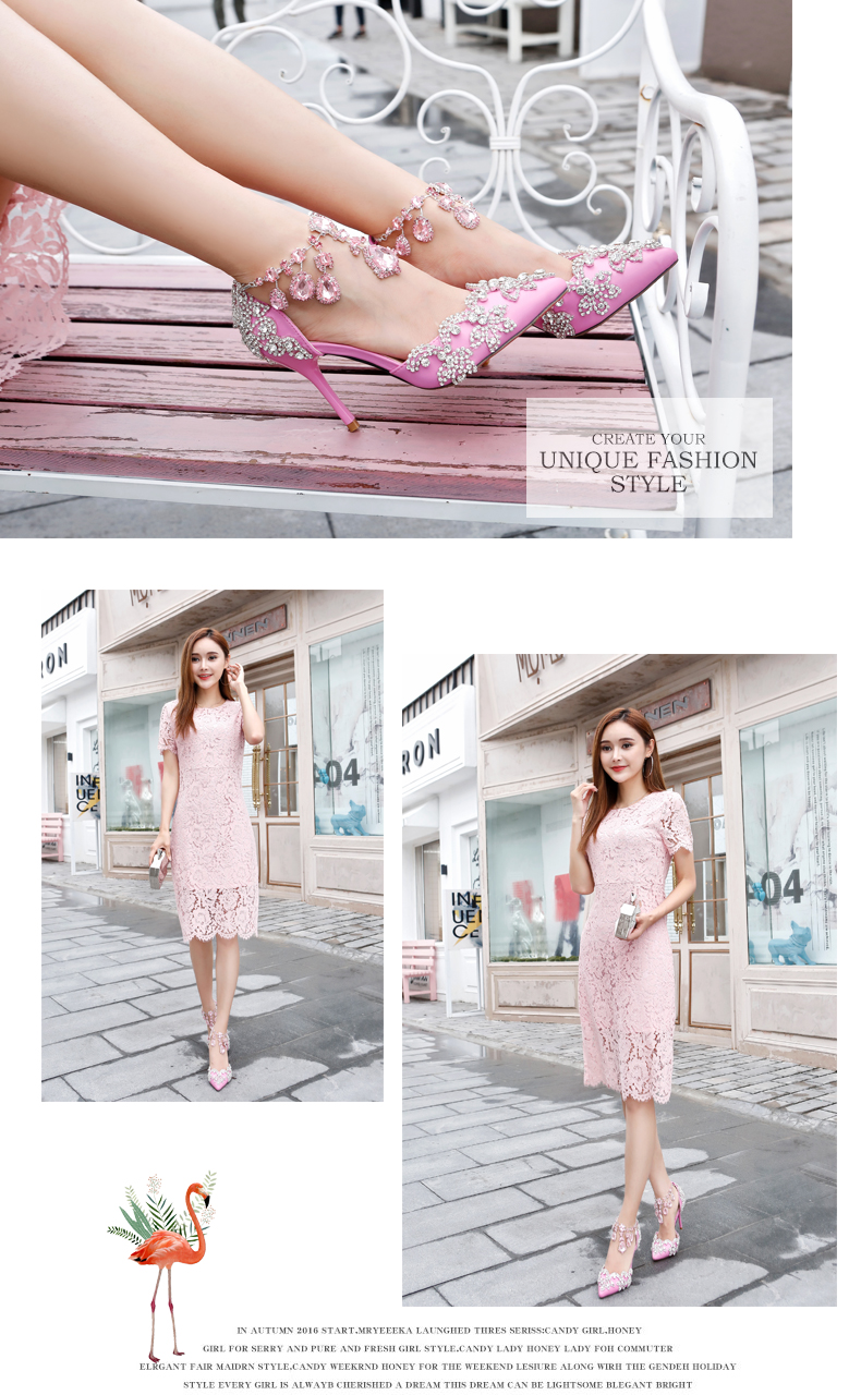 Màu hồng kim cương giày cưới rỗng từ khóa dây đeo cổ tay cô dâu dép nhọn stiletto pha lê vòng chân giày cưới - Vòng chân lắc chân nữ handmade
