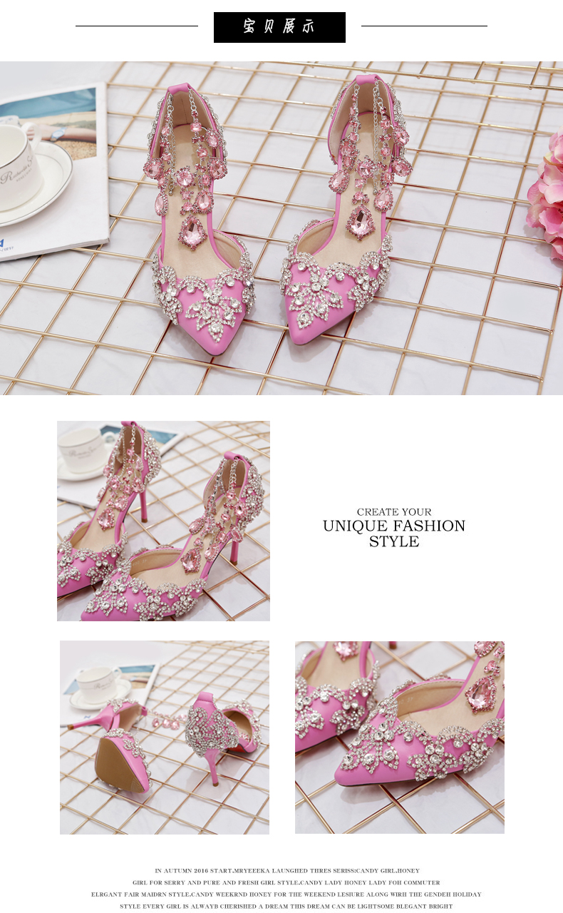 Màu hồng kim cương giày cưới rỗng từ khóa dây đeo cổ tay cô dâu dép nhọn stiletto pha lê vòng chân giày cưới - Vòng chân lắc chân nữ handmade