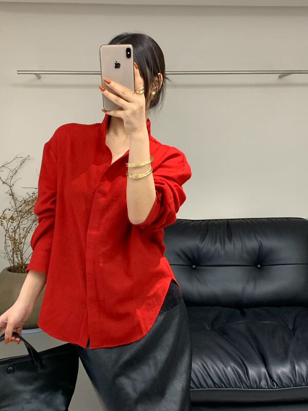 Nanyou Genuine New Style Elegant Women's Top European Fashion Stylish Unique Beautiful Light Luxury Red Wool Shirt