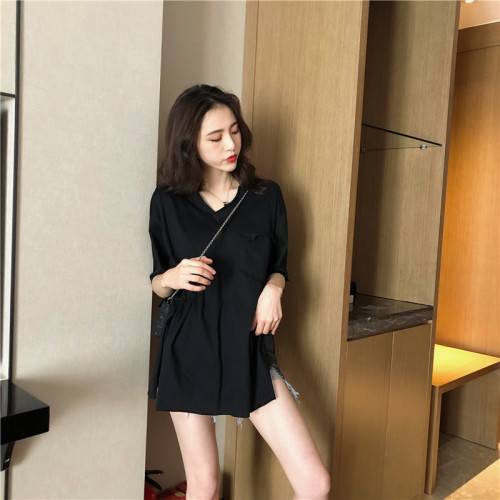 Real-time price control 28 new Korean version of Lazy Wind V-collar medium-long pure color T-shirt short sleeve loose open jacket