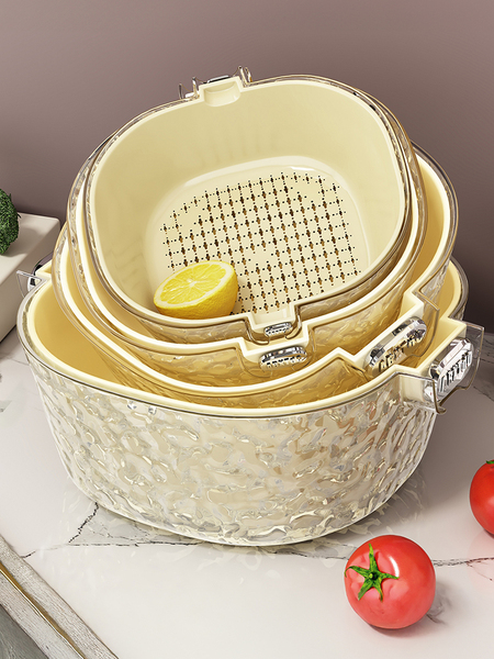 Youqin Double-Layer Vegetable Washing Basin with Draining Basket 2026 New Eight-Piece Set for Kitchen and Living Room, Household Fruit Tray and Vegetable Washing Basket