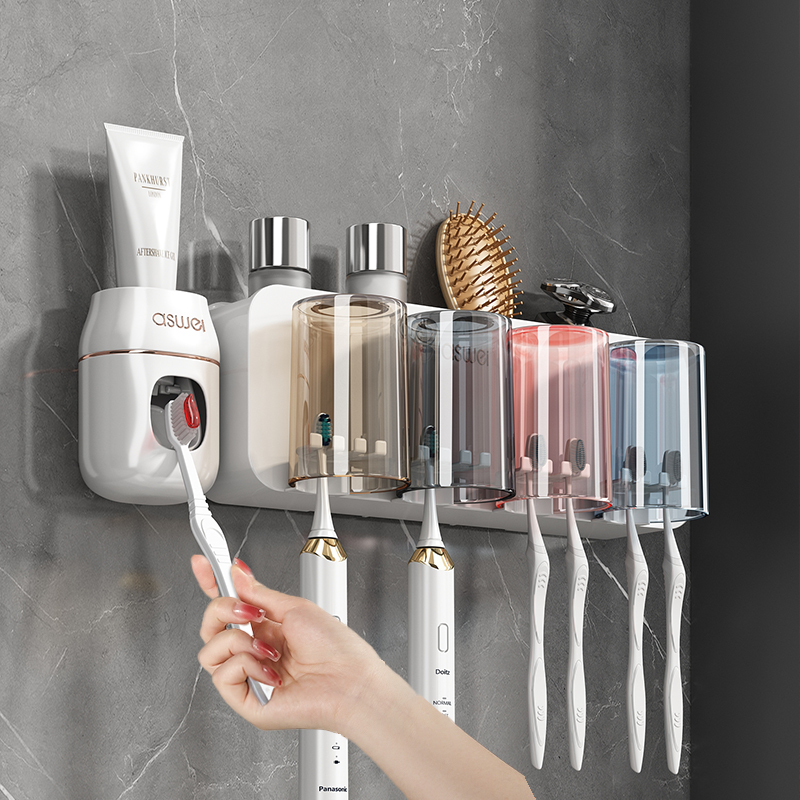 歯ブラシラック パンチフリー 歯ブラシカップ マウスウォッシュカップ 歯磨き粉ラック 壁掛け バスルーム 電動 ファミリーセット