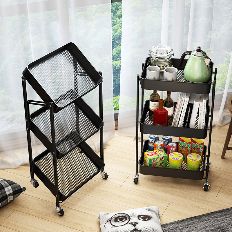 Kitchen removable folding trolley storage rack Multi-storey floor-to-ceiling living room snacks and vegetable basket storage rack storage rack