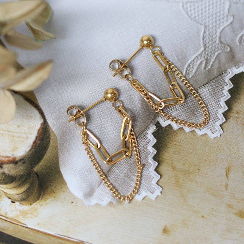 thecherrypie 18K Gold Color Preservation Double Chain Back Hook Earrings