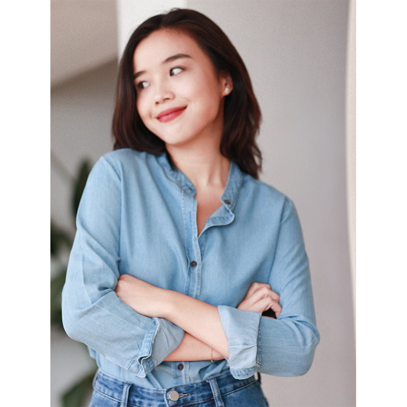 thecherrypie 21 early autumn retro style light color simple style casual all-match denim shirt women's thin section