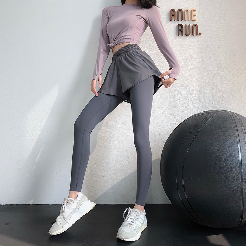 annerun fake two-piece fitness pants women's stretch yoga pants tight sports pants quick-drying gym running culottes