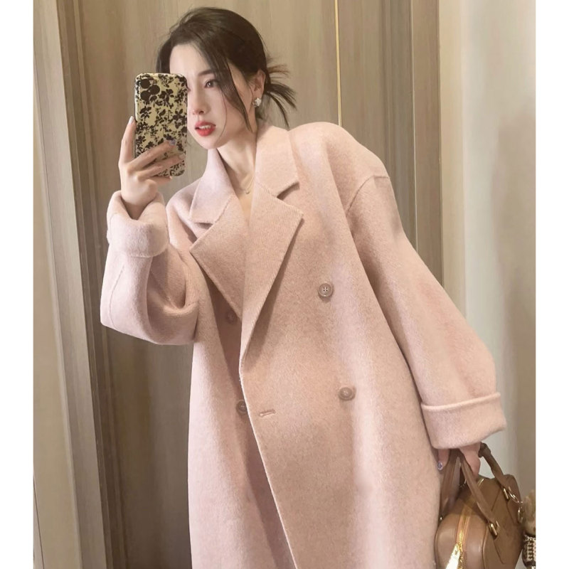 Gentle Pink Double-Sided Wool Coat for Women, Mid-Length, Autumn and Winter, High-End, Petite, Thickened Sheep Wool Blazer Gentle Pink Double-Sided Wool Coat for Women, Mid-Length, Autumn and Winter, High-End, Petite, Thickened Sheep Wool Blazer