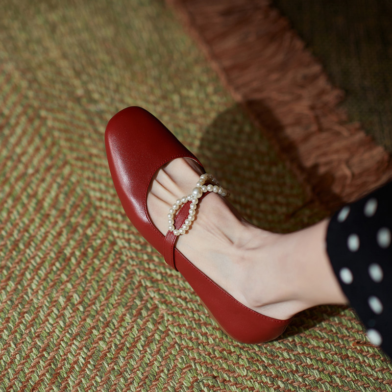 Style Small Leather Shoes Pearl Bow Tie Red Mary Rare Shoes Vinogual Light Mouth Flat Bottom Single Shoes Woman Real Leather Lefu Shoes
