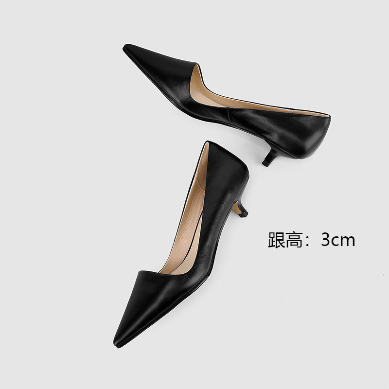 Soft skin ~ high heel shoe 3cm small heel shoe pointed bag shoe woman low heel Shallow Mouth Genuine Leather Comfort Professional Working Shoes Black