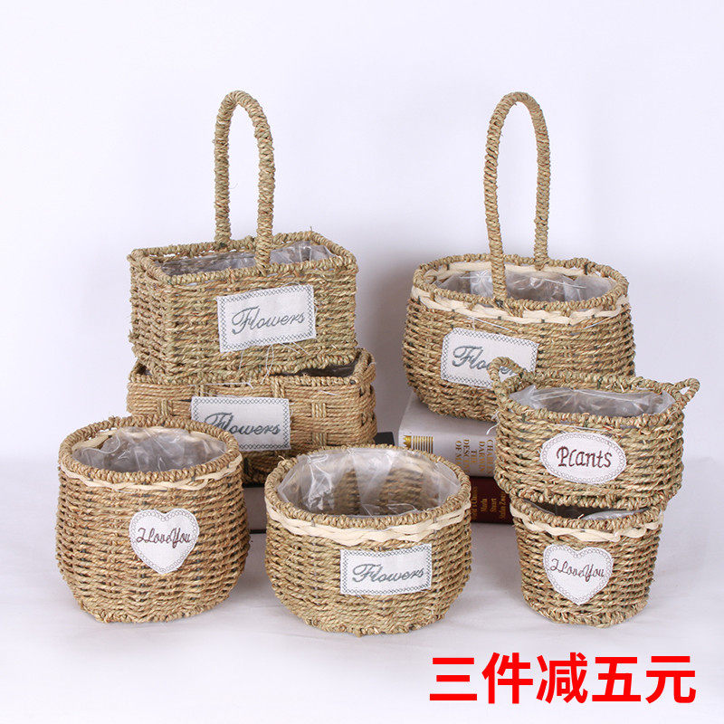 Grass woven rattan woven flower pot creative hand woven flower basket Pastoral flower arrangement Green plant fleshy willow woven basket wall decoration
