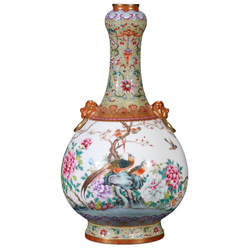 Imitation the qing qianlong emperor up jingdezhen ceramics powder enamel lion ear vase furnishing articles Chinese flower arranging machine sitting room