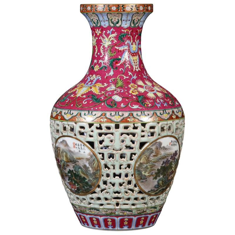 Imitation the qing qianlong emperor up jingdezhen ceramics colored enamel paint hollow - out medallion landscape pattern bottles of the sitting room is placed