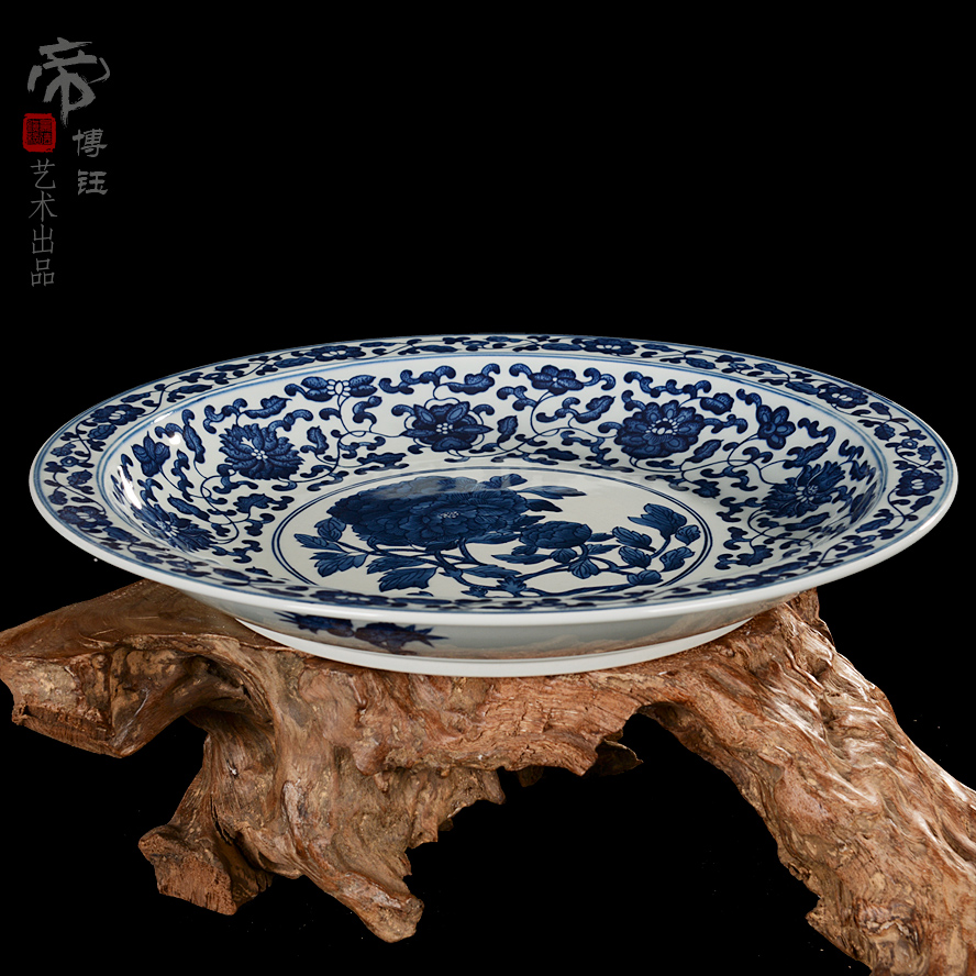 Jingdezhen blue and white peony ceramic decoration plate sit plate hang dish antique hand - made porcelain Chinese style porch study furnishing articles