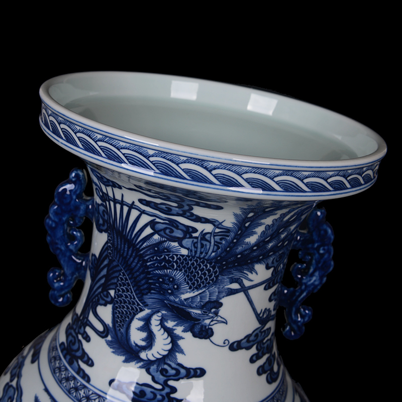 Jingdezhen blue and white ears longfeng antique hand - made ceramics vase vase living room a study process decorative furnishing articles