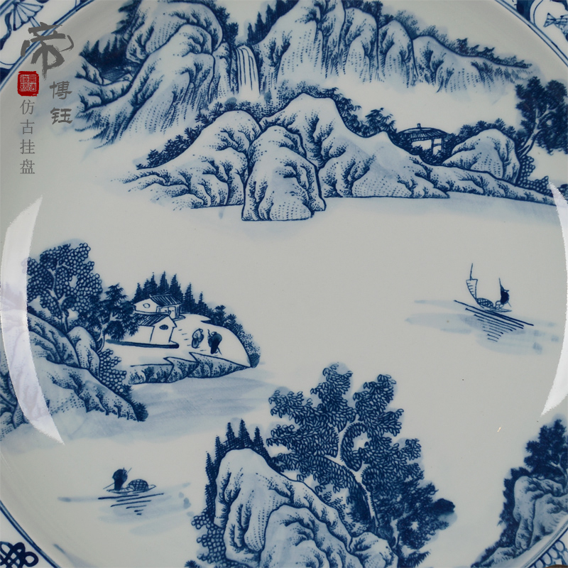 Jingdezhen ceramic decoration plate sit plate hanging dish hand - made antique blue - and - white porcelain handicraft furnishing articles landscape figure landscapes