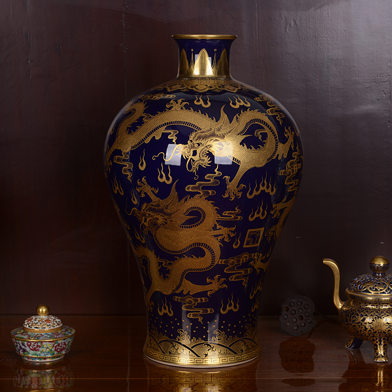 Jingdezhen ceramic vases, antique paint ji blue glaze dragon five Long Mei bottle handicraft home furnishing articles sitting room