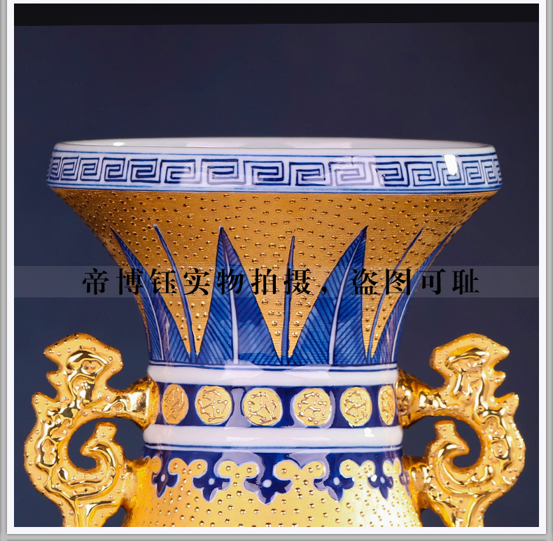 Jingdezhen key-2 luxury collection blue - and - white porcelain antique hand - made gold wrapped branch lotus ears dragon admiralty bottles of modern fashion