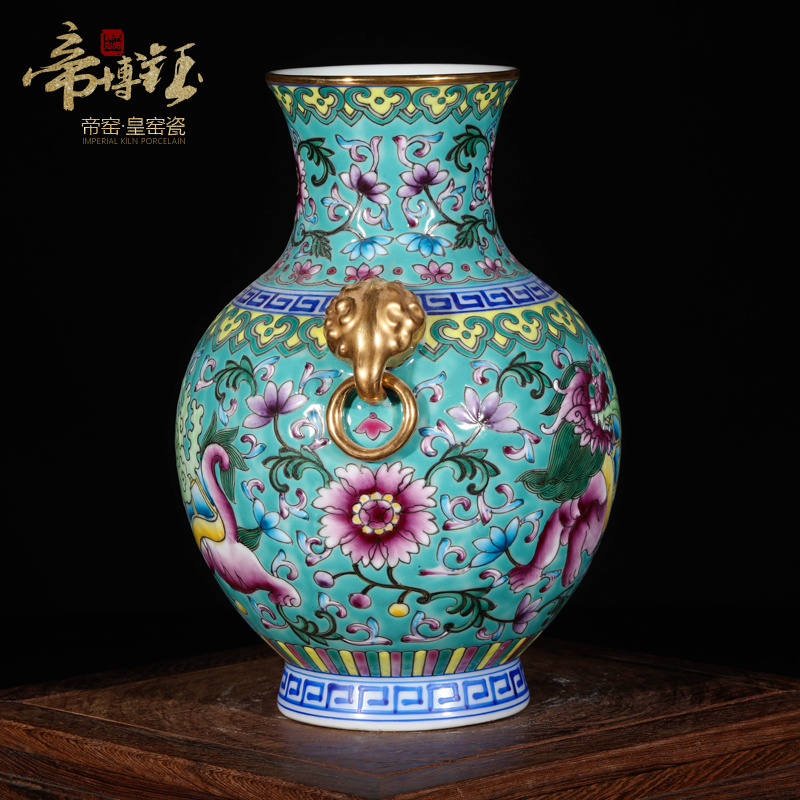 Jingdezhen imitation the qing qianlong year all checking quality blue bottom picture dragon ears trunk vases, antique collection furnishing articles
