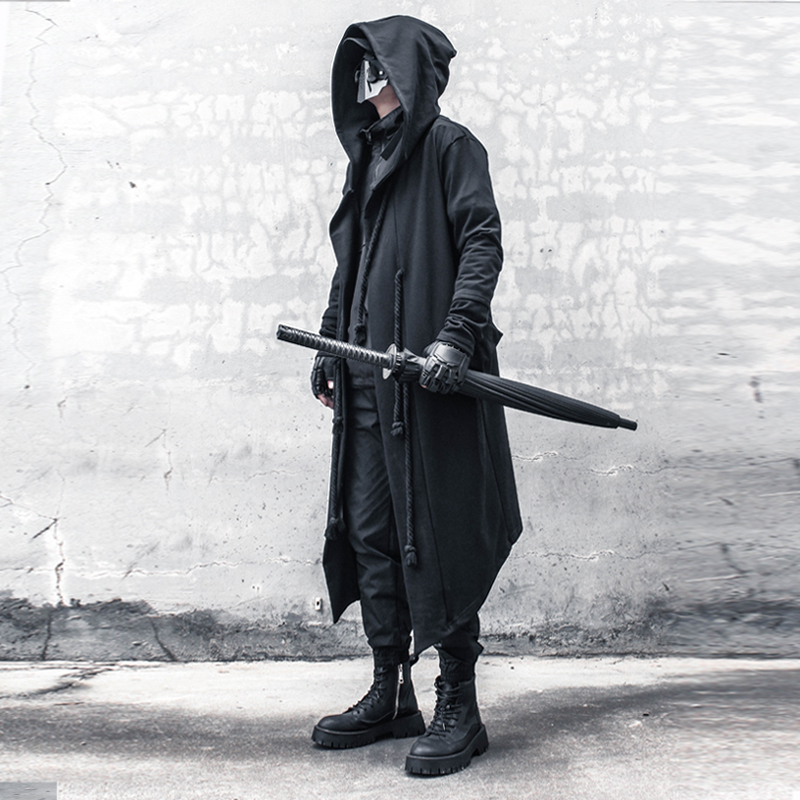 Spring and Autumn Dark Warrior Plus Size Men's Trench Coat Yamamoto Style Long Coat Cloak Cape Hooded Wizard Jacket for Men