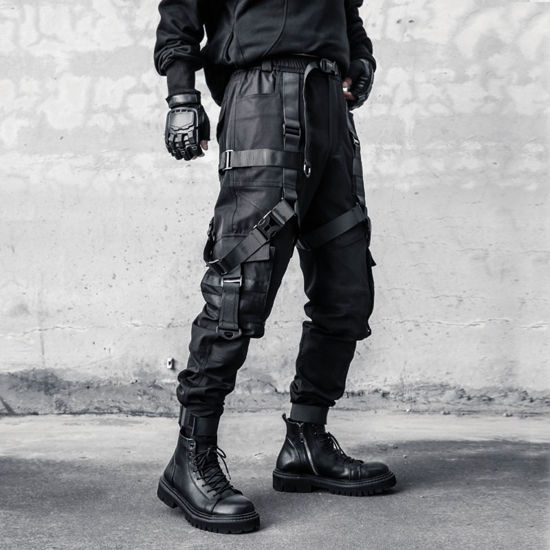Niche Hardcore Work Pants for Men, Spring and Autumn, Dark Functional Style, Tactical Paratrooper Pants with Ribbon Design, Loose Jogger Pants, Trendy Niche Hardcore Work Pants for Men, Spring and Autumn, Dark Functional Style, Tactical Paratrooper Pants with Ribbon Design, Loose Jogger Pants, Trendy