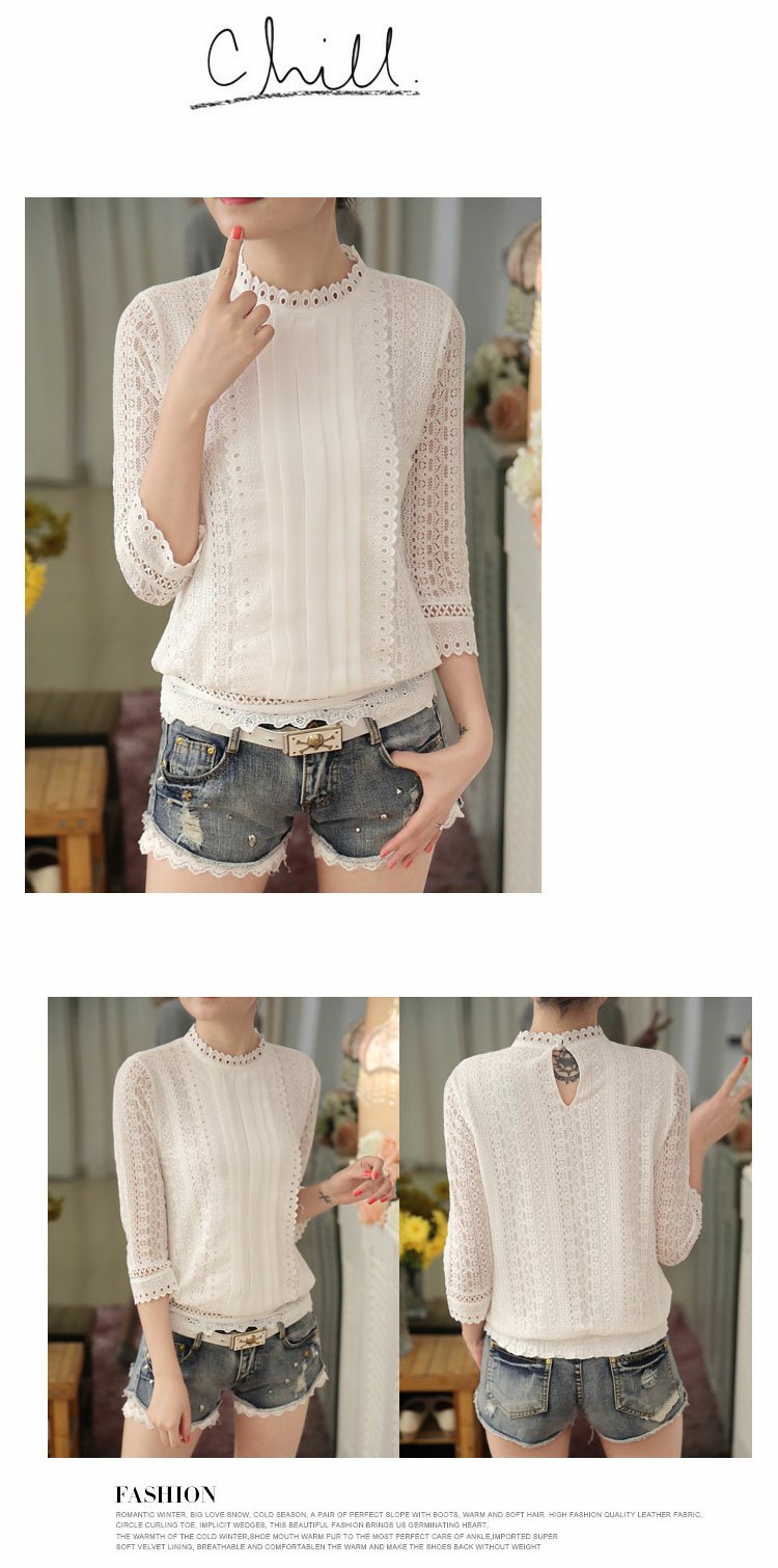 2018 đầu xuân mới sản phẩm áo sơ mi nữ phiên bản Hàn Quốc của áo sơ mi ren đáy rỗng hoang dã tay áo bảy điểm cổ áo sơ mi voan áo sơ mi nữ trung niên đẹp