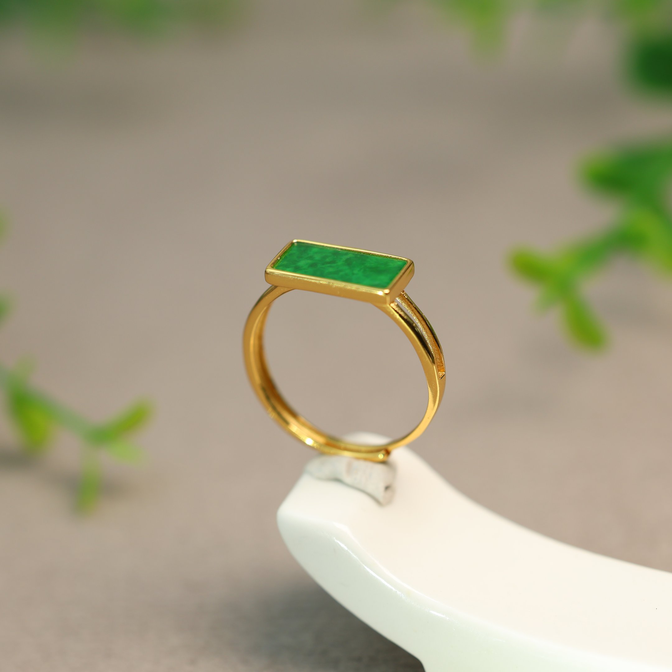Spicy Green Burmese Natural Grade A Jade Rectangular Ring