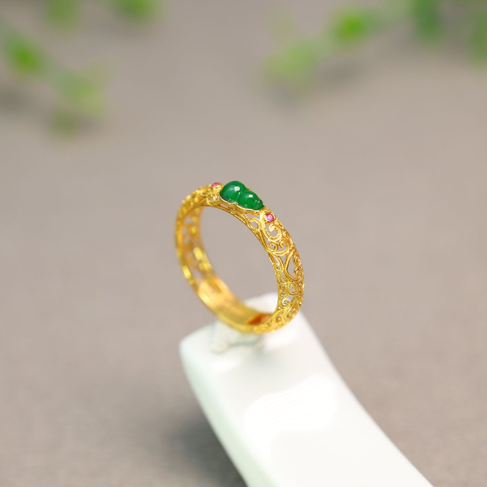 Spicy Green Burmese Natural Grade A Jade Gourd Ring
