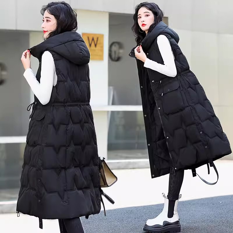Over-The-Knee to Calf-Length Cotton Vest for Women, Winter Fashion, Stylish Drawstring Waist, Plus Size, Thickened Ripple Line Jacket Over-The-Knee to Calf-Length Cotton Vest for Women, Winter Fashion, Stylish Drawstring Waist, Plus Size, Thickened Ripple Line Jacket