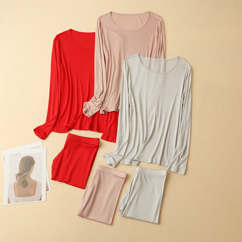 85g 36-Gauge 100% Mulberry Silk Knitted Round-Neck Long-Sleeve Base Layer Thermal Underwear Set for Women