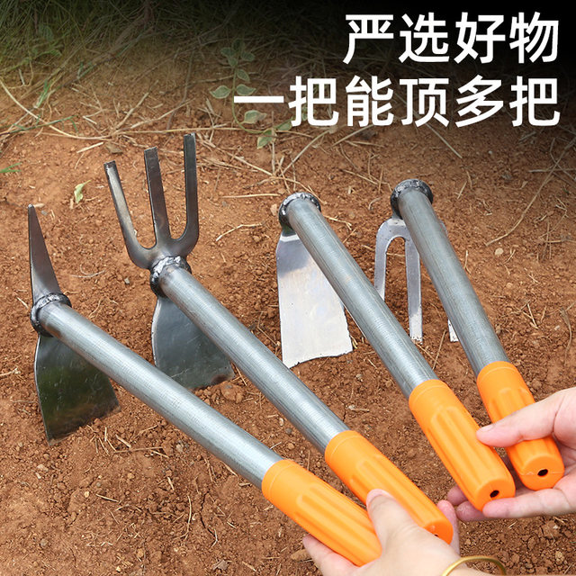 ເຫຼັກສີຕົ້ນສະບັບ handle hoe ຂະຫນາດນ້ອຍປາຍ hoeing rake ສໍາລັບການປູກດອກໄມ້ແລະຜັກການປູກນອກ rake dual-purpose pickaxe hoe digging tool