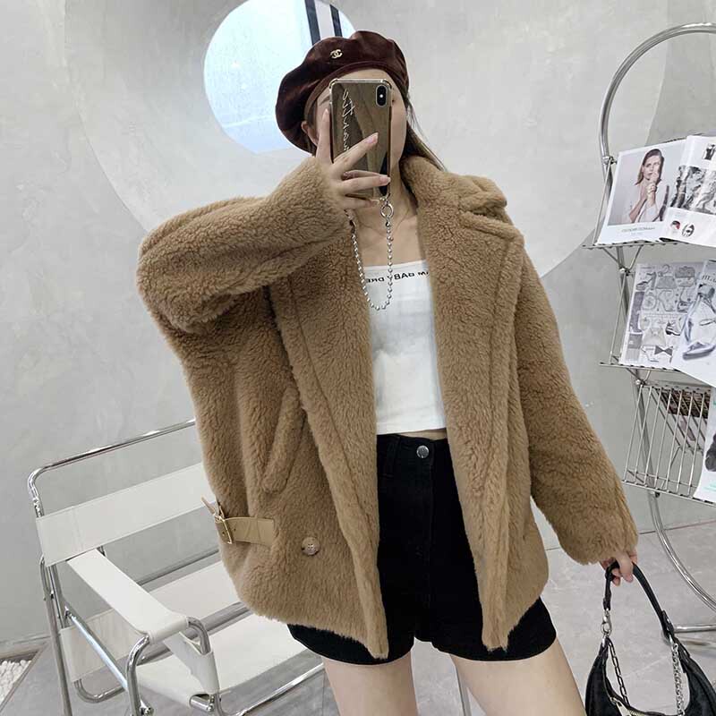 M Brand Teddy Bear Coat Short Style for Petite Women Autumn and Winter Jacket Teddy Alpaca Wool Silhouette Fur Coat