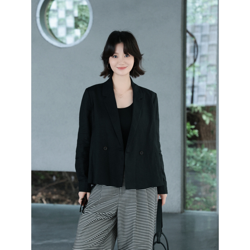 Tt Designer [Solo] High-End Commuting Style 14-Count Pure Linen Double-Breasted Blazer for Petite Sizes