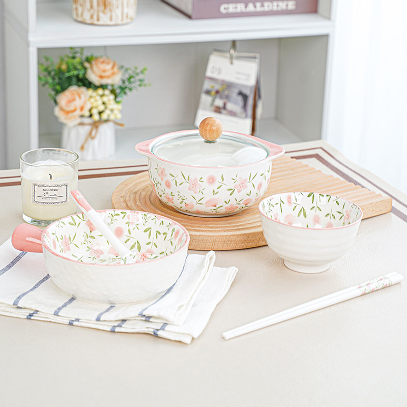 Shili Peach Blossom One-person Food Ceramic Tableware Set Household Instant Noodle Bowl Hand Bowl Rice Bowl Spoon Chopsticks Combination