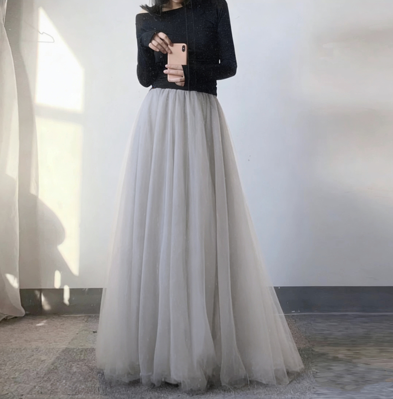 Spring and Summer New Product: Haze Gray Mesh Skirt for Women, Mid-Length Floor-Length Skirt, High-Waisted, Slimming, A-Line, Large Hem, 360-Degree