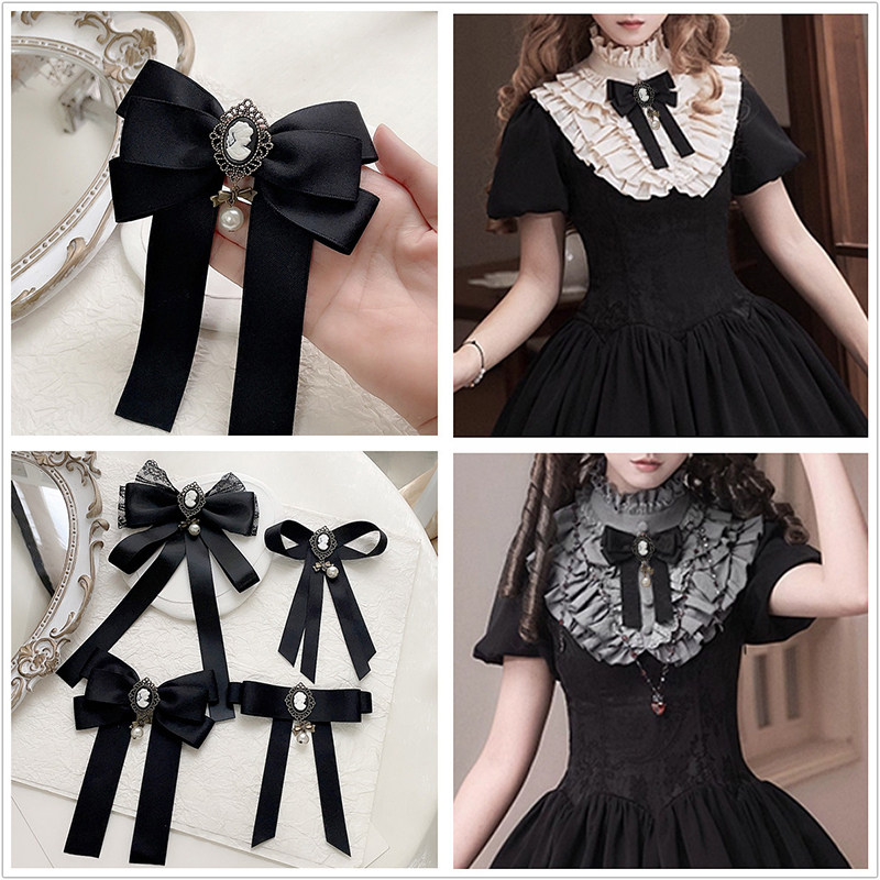 Black lace bow tie, Lolita princess style, Korean style, ribbon bow, brooch, sweet dress bow tie
