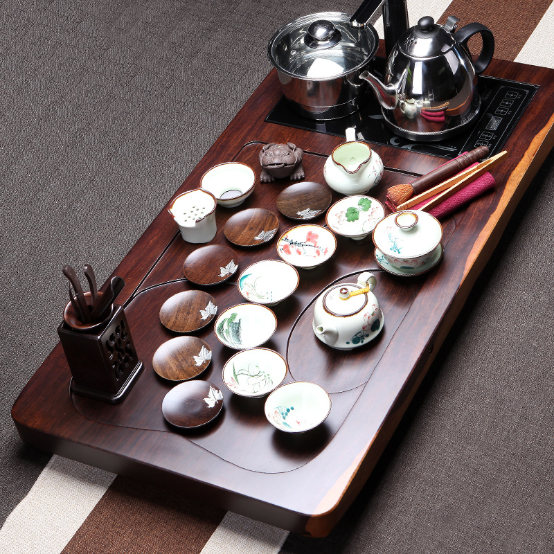 Mingjuyixin ebony tea tray household whole solid wood tea table large drainage tea sea tea set induction cooker