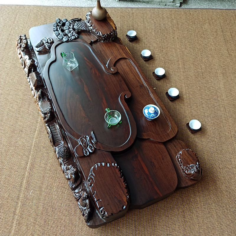 Large Kung Fu tea set household drainage tea table ebony tea tray whole piece of solid wood ebony tea sea farmhouse