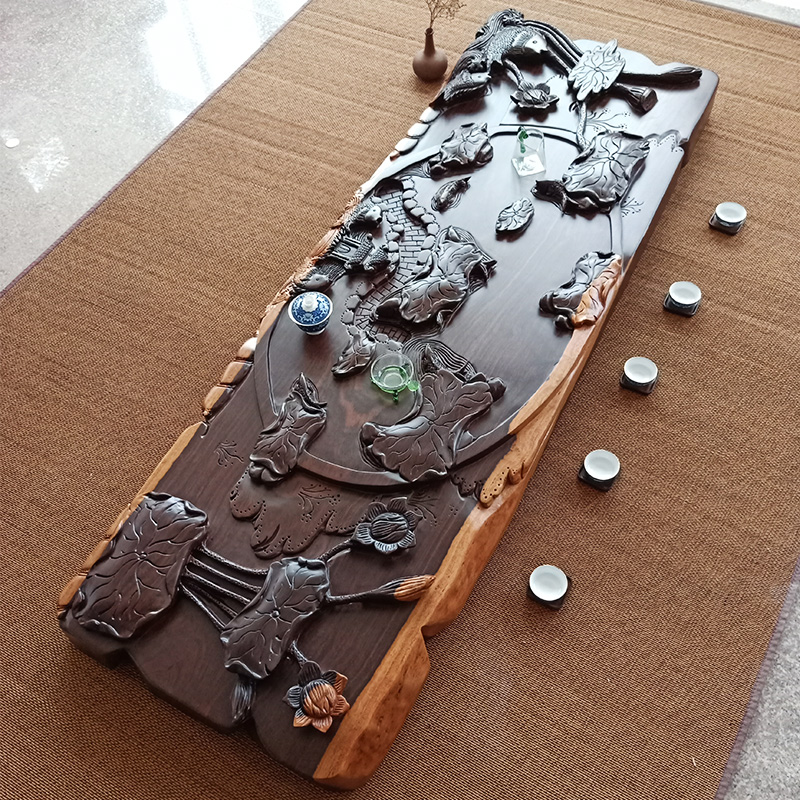 Large Kung Fu tea set tea table ebony tea tray whole piece of solid wood ebony tea sea level lotus pond series