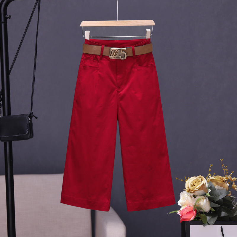 Summer Pants for Women, Thin, Fashionable, Slimming, Cropped Pants, Mid-High Waist, Red Cotton Wide-Leg Pants, Loose Straight-Leg, High-End Feel