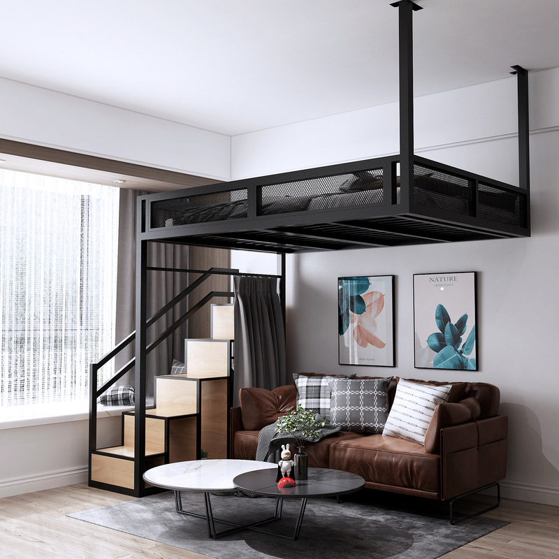 Simple Modern Loft Multifunctional Wrought Iron Elevated Bed Duplex Second Floor Bed High and Low Bed Space-Saving Loft Bunk Bed